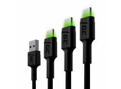 Conjunto 3x Green Cell GC Ray cabo USB - USB-C 30cm, 120cm, 200cm, LED verde, carregamento rápido Ultra Charge, QC 3.0