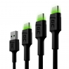 Conjunto 3x Cabo USB-C Tipo C 30cm, 120cm, 200cm LED Green Cell Ray, com carregamento rápido Ultra Charge, Quick Charge 3.0