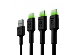 Conjunto 3x cabo USB Green Cell GC Ray - USB-C 120 cm, LED verde, carregamento rápido Ultra Charge, QC 3.0