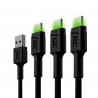 Conjunto 3x Cabo USB-C Tipo C 200cm LED Green Cell Ray, com carregamento rápido Ultra Charge, Quick Charge 3.0