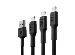 Conjunto de 3 cabos USB Green Cell GC Ray - Lightning 30cm, 120cm, 200cm para iPhone, iPad, iPod, LED branco