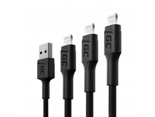 Conjunto de 3 cabos USB Green Cell GC Ray - Lightning 30cm, 120cm, 200cm para iPhone, iPad, iPod, LED branco