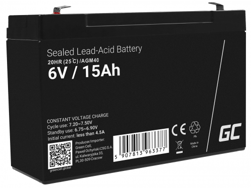 Bateria AGM GEL 6V 15Ah bateria de chumbo Green Cell livre de manutenção para alarme e iluminação