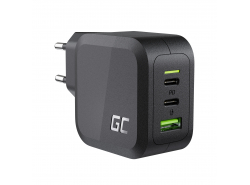 Green Cell Carregador de rede 65W GaN GC PowerGan para Portátil, MacBook, Iphone, Tablet, Nintendo Switch - 2x USB-C, 1x USB-A