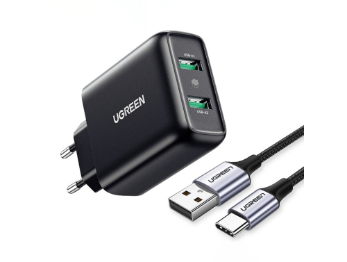 Carregador de parede UGREEN 18W, 2 x USB, Carregamento rápido Power Delivery 3.0, Cor preta