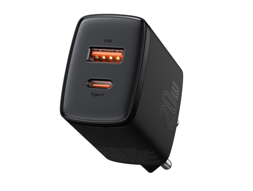 Carregador de parede Baseus 20W com portas USB-C e USB-A, Carregamento rápido, Compatível com OnePlus, Realme, Oppo, Cor preta