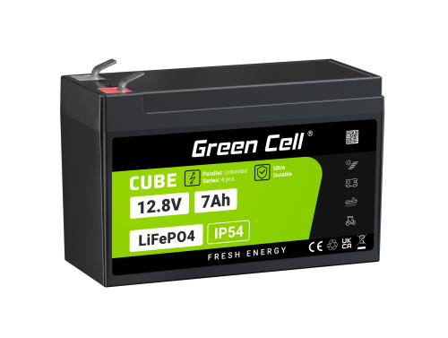 Green Cell CUBE LiFePO4 Bateria 7Ah 12.8V 89.6Wh de fosfato de ferro de lítio para UPS, Alarme, Brinquedo, CCTV Carro infantil