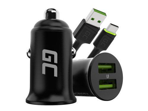 Green Cell Carregador de carro USB Power Ride Nano36, 2x USB-A, 36W Ultra Charge + LED Cabo USB-C de 120cm