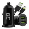 Green Cell Carregador de carro USB Power Ride Nano36, 2x USB-A, 36W Ultra Charge + LED Cabo USB-C de 120cm