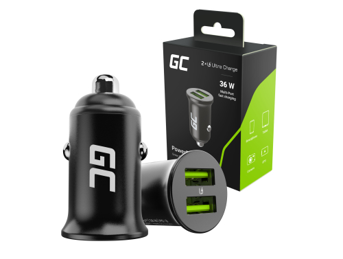 Carregador de carro Green Cell PowerRide Nano36 36W 6A 2x USB-A com carregamento rápido Ultra Charge, para 12V e 24V