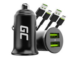 Green Cell Carregador de carro USB Power Ride Nano36, 2x USB-A, 36W Ultra Charge + 2x LED Cabo USB-C de 120cm