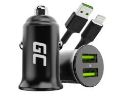 Green Cell Carregador de carro USB Power Ride Nano36, 2x USB-A, 36W Ultra Charge + LED Cabo Lightning de 120cm