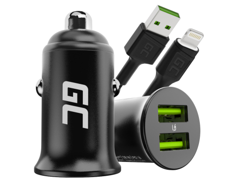 Green Cell Carregador de carro USB Power Ride Nano36, 2x USB-A, 36W Ultra Charge + LED Cabo Lightning de 120cm