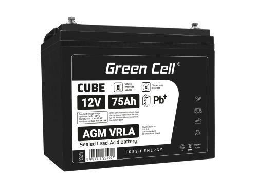 Green Cell CUBE AGM IP54 12V 75Ah Bateria de chumbo livre de manutenção para motor elétrico e autocaravana