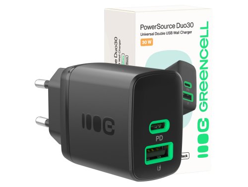 Green Cell PowerSource Duo30 carregador USB/USB-C preto, adaptador de corrente 30 W com Power Delivery