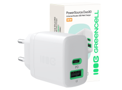 Green Cell PowerSource Duo30 carregador USB/USB-C branco, adaptador de corrente 30 W com Power Delivery