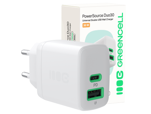 Green Cell PowerSource Duo30 carregador USB/USB-C branco, adaptador de corrente 30 W com Power Delivery
