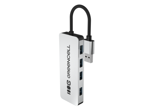 Adaptador Basic HUB Greencell USB-A 4in1 (4×USB 3.0) – transferência rápida de 5 Gb/s, estrutura de alumínio