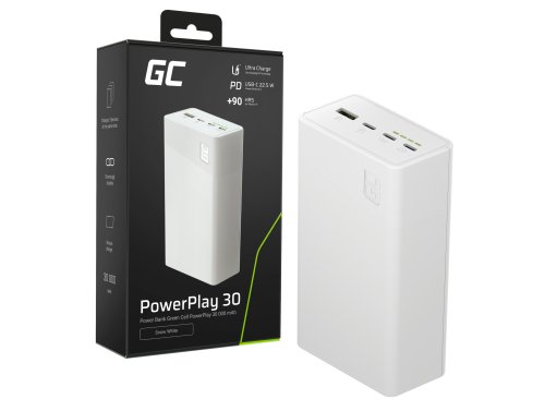 Greencell PowerPlay 30 - powerbank branco de 30 000mAh, 22,5W, 4 portas